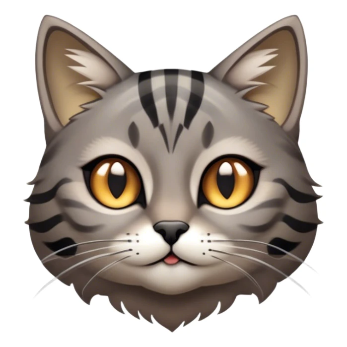 Cinematic Cute Grey and Black Brown Tabby Cat Portrait Emoji, Head tilted playfully and inquisitively, sleek grey-brown fur with bold black tabby stripes and a distinctive M-shaped marking on the forehead, sparkling amber eyes, Simplified yet irresistibly adorable features, highly detailed, glowing with a warm, friendly glow, high shine, affectionate and curious, stylized with a touch of whimsy, bright and endearing, soft glowing outline, capturing the essence of a mischievous yet loving kitten, so playful it feels like it could pounce out of the screen and into your arms! sticker