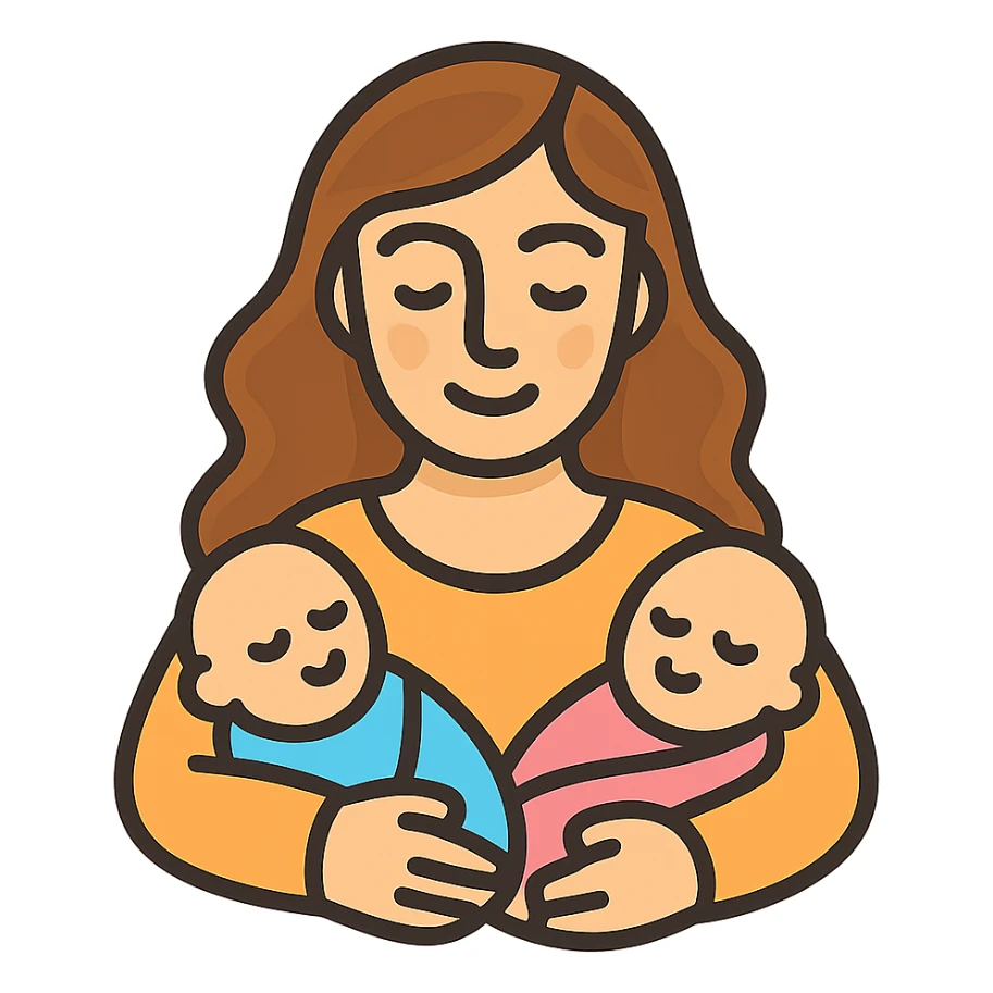 vector illustration of a mother with appearance and style like the reference, holding two babies in her arms, expressive and detailed, simple smooth lines, soft shadows and highlights, complex shapes, plasticity, light beige-brown palette, flowing hair, clear facial features, atmosphere of tenderness and coziness sticker