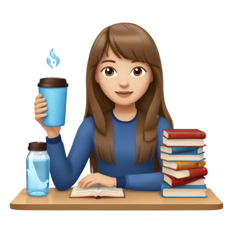 a designer with light skin long brown hair bangs waving, stack of books, coffee cup on top, water bottle  sticker
