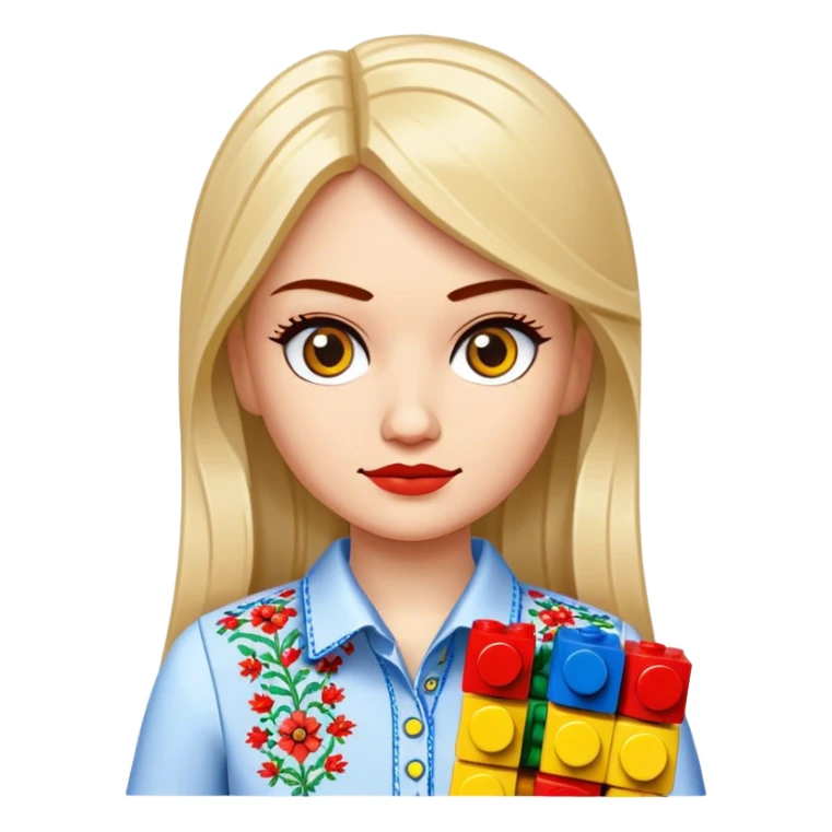 A Ukrainian girl in an embroidered shirt holds Lego bricks sticker