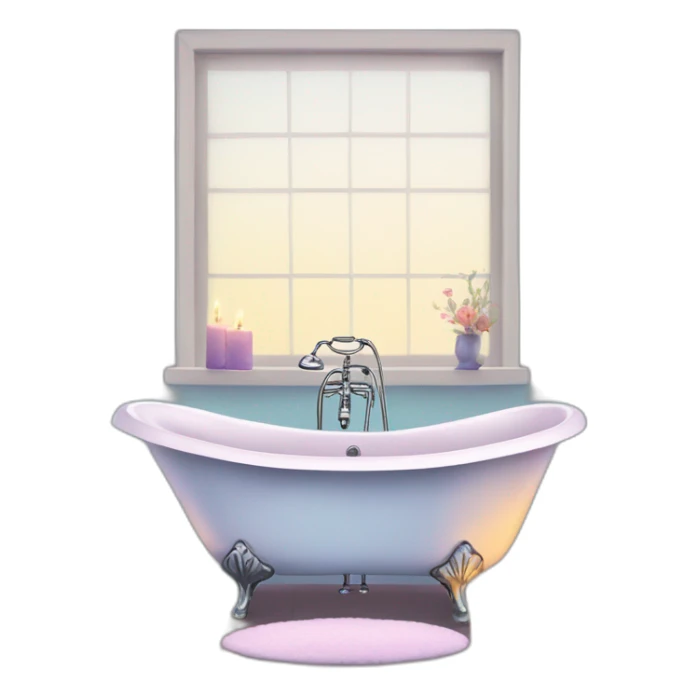 Create a serene image of a claw-foot bathtub filled with sparkling, magical water, surrounded by candles and flowers, in a tranquil bathroom. sticker