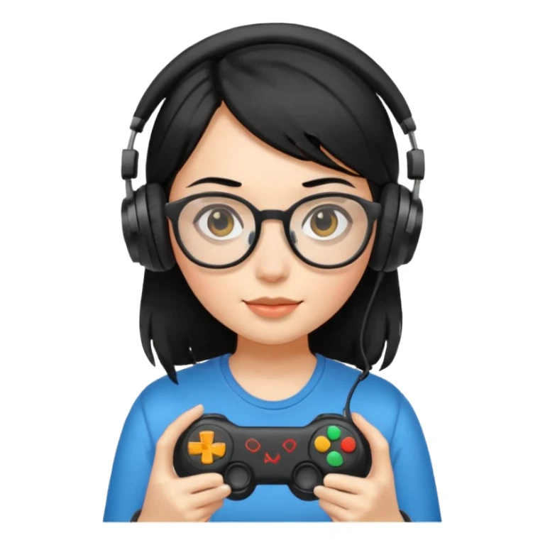
gamer, black hair girl with glasses, headphone, gamepad sticker