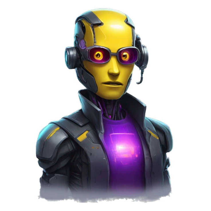 agent, laser eyes, yellow robotic face, cyberpunk, code, cyan and purple colors, only upper body portrait sticker