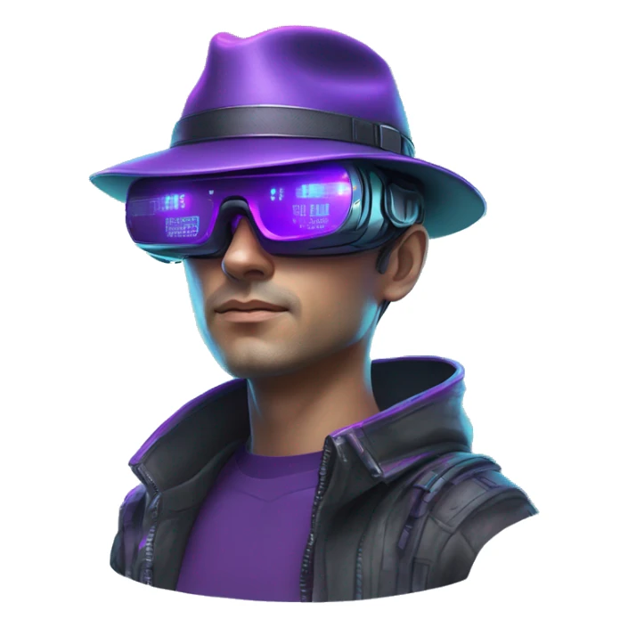 Secret human agent in a hat with  cyberpunk elements in Apple VR googles headset scanning looking reviewing multicolor lines of code, cyan and purple colors, only upper body portrait sticker