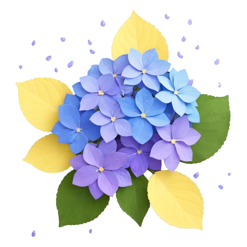 Traditional Japanese hydrangea (ajisai) flower with refined aesthetic, subtle color transitions from blue to purple, gentle raindrops, and washi paper texture background sticker
