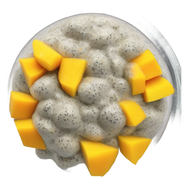 a clear glass of chia pudding with diced mango on top sticker