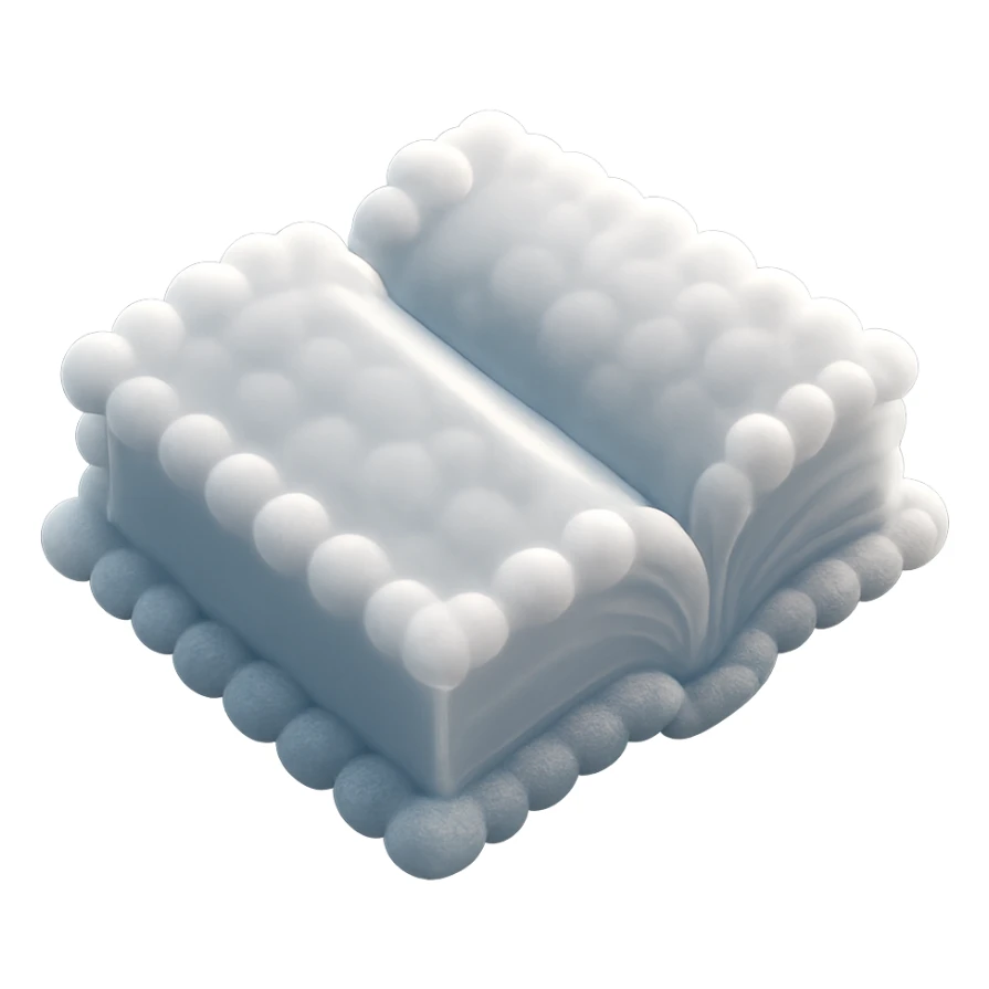 top view of a thick open book made entirely of small, very bright white fluffy convex clouds, matte glass style sticker