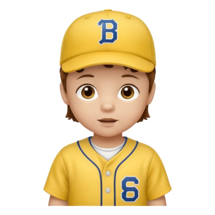 brown hair baby with yellow baseball ersey and hat sticker
