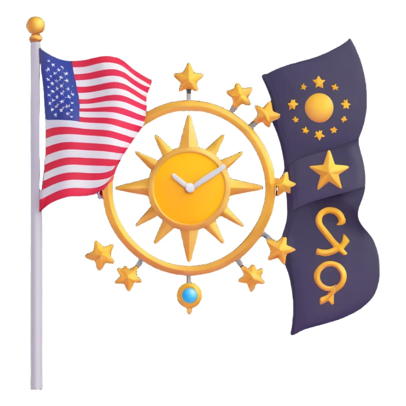 flag with celestial and time-related symbols, blending Chronos and Olympian god themes, in a modern emoji style sticker