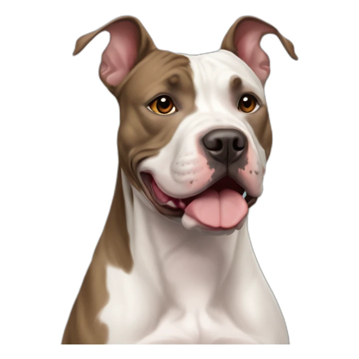 Pitbull and lacy dog mix, pronounced brindle color, whiteish pale chest, 65 pounds, full flappy ears sticker