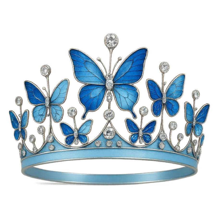 butterfly crown with a sky blue base, butterflies in various blue enamel shades, sparkling gems sticker