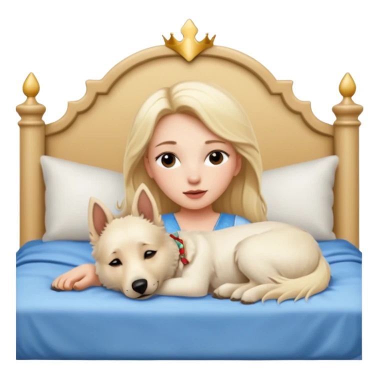 White Belgian shepherd dog with Brown eyes sleeping On a Princessbed with a blonde lady with blonde hair sticker