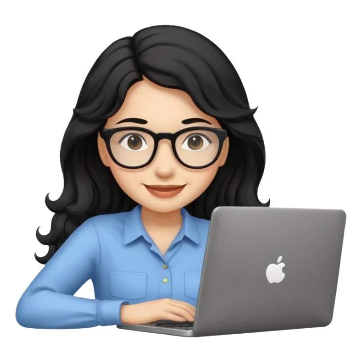 Cute female developer style sitting in front of laptop. No glasses, smiling with long hair waves. Early 20s light skin tone. Black hair sticker