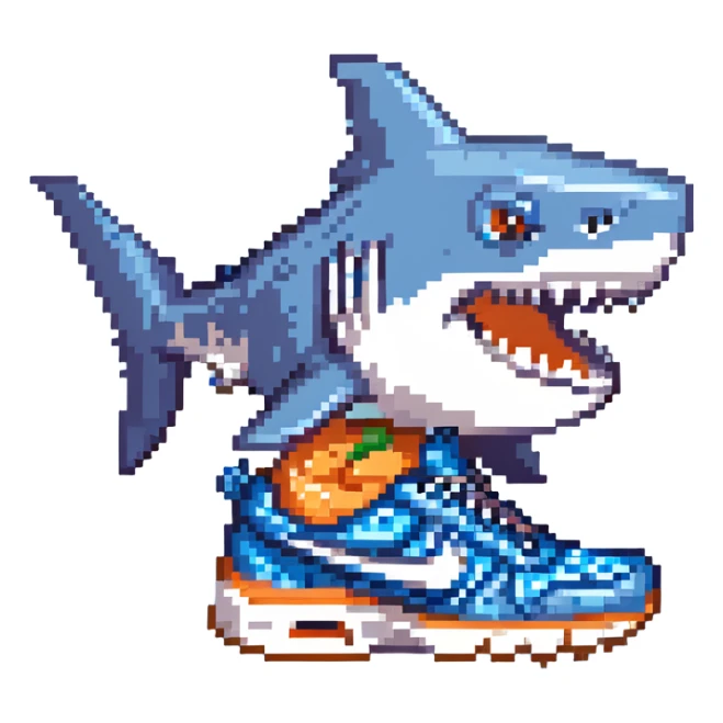 shark wearing blue Nike sneakers, playful sticker