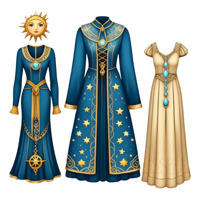 Tarot style wardrobe card showing elegant clothing items with celestial symbols, mystical style definition sticker
