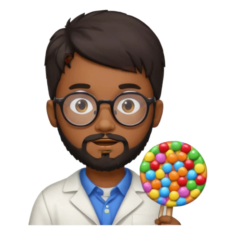 Brown boy, round face with black beard and hair and glasses holding candy sticker