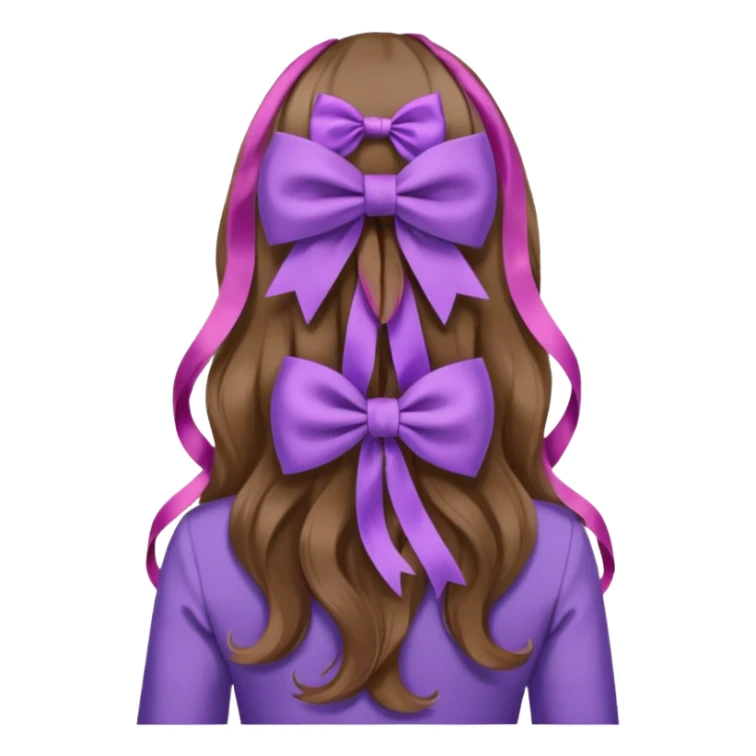 long wavy brown hair from behind with a medium lilac bow sticker