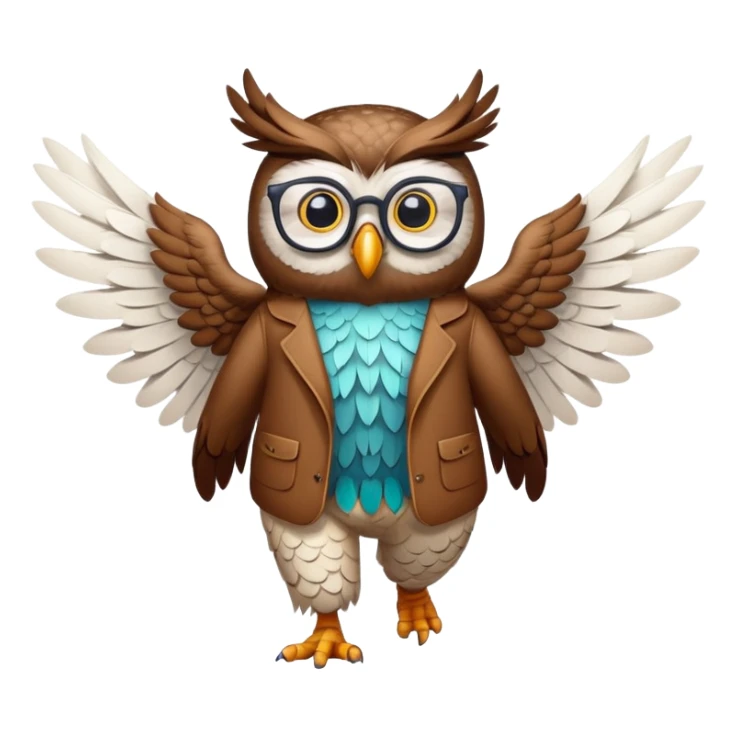 friendly anthropomorphised night owl with wings instead of arms, colourful pants and shirt, wearing glasses, walking upright, night owl features and colours, unique pose 2 sticker