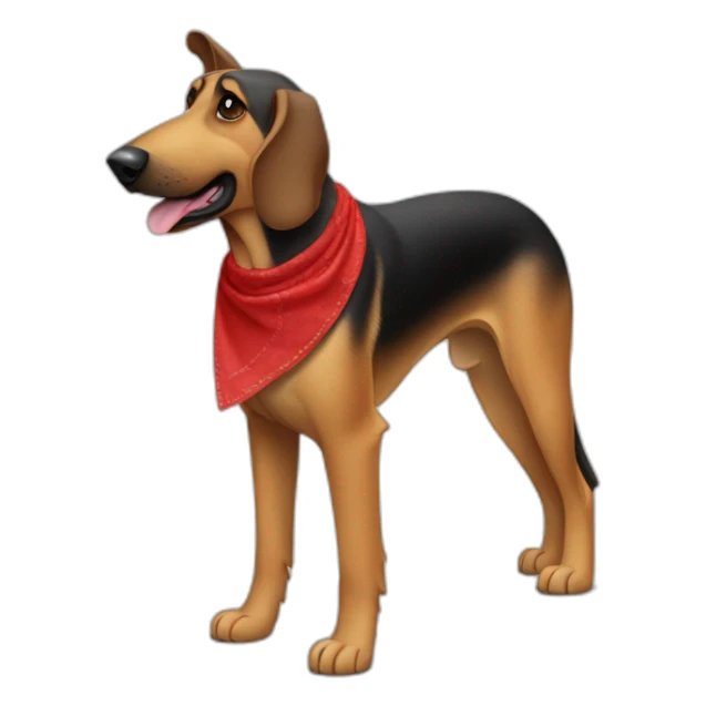 75% Coonhound 25% German Shepherd mix dog wearing small plain red bandana side view full body in profile left facing sticker