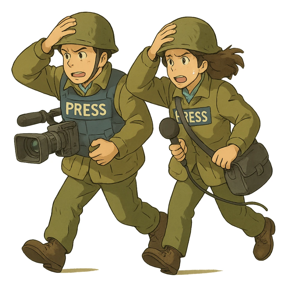  walking from left to right across frame: a cameraman, and a microphone operator, ONLY two people, war correspondents, tense moment, BOTH HOLDING ONTO THEIR HAT! sticker