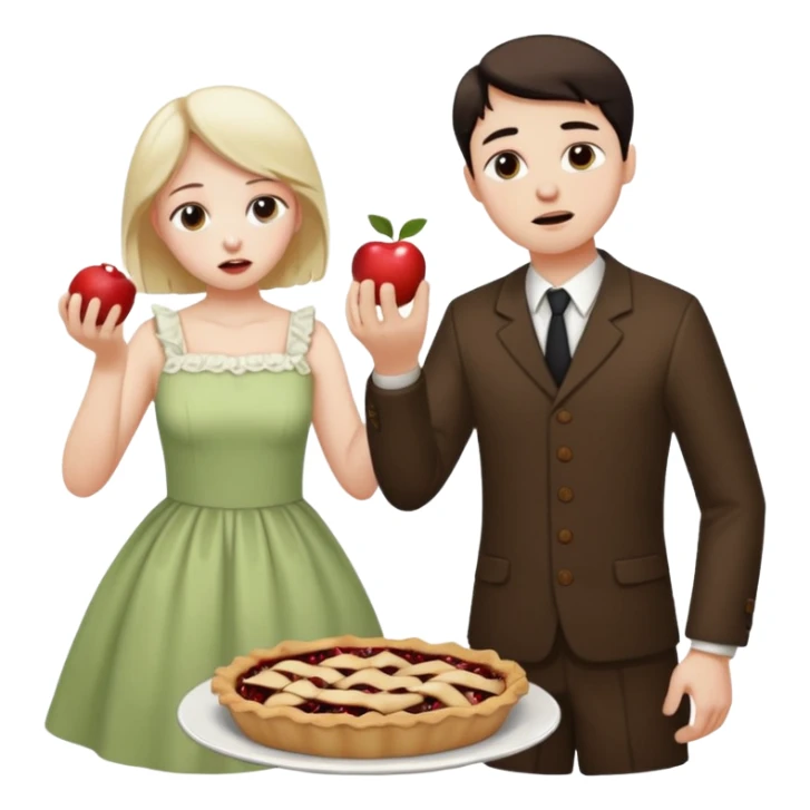 Sad man eats a pie. While his sister throws his dress on the apple sticker