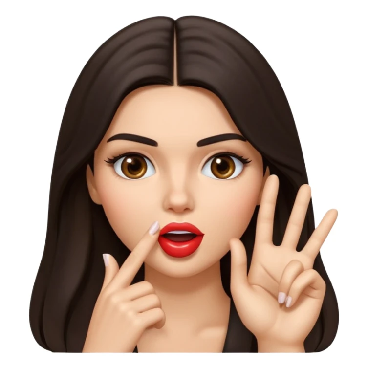 Create a glossy 3D emoji-style illustration of a glamorous brunette model inspired by Kendall Jenner, with long dark hair and defined features, making a “shh” gesture with one finger to her lips. Playful, mysterious expression, centered, transparent background. sticker