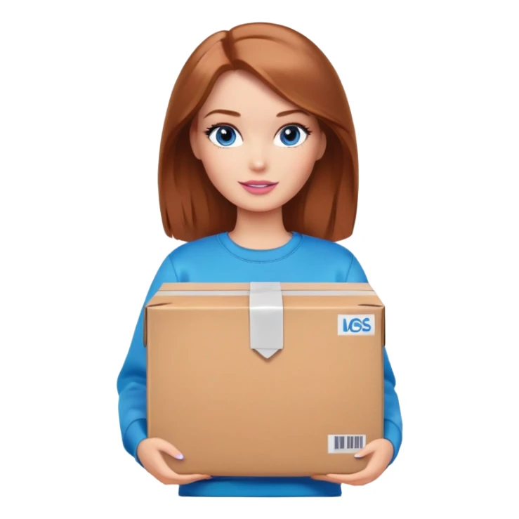 Barbie with shoulder-length reddish-brown hair, blue eyes with makeup, wearing a brown sweatshirt , stands with a parcel box sticker