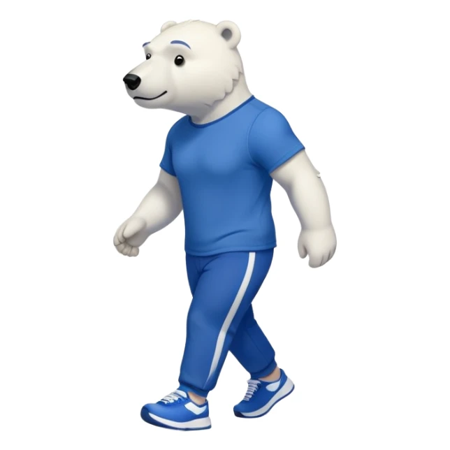 muscular friendly anthropomorphised polar bear walking confidently, wearing a royal blue t-shirt, black pants, and white trainers sticker