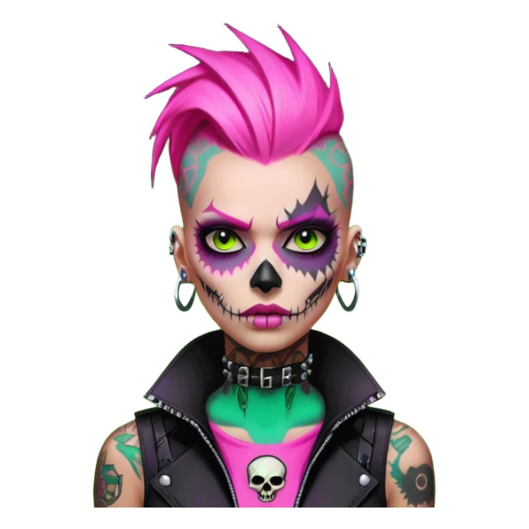 Cyberpunk female punk, pink mohawk, skull face tattoos, bionic neck, aggressive expression, neon green lighting sticker