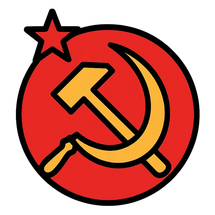 Soviet Union sign, hammer and sickle, bold red and gold, iconic, simple, flat graphic style, no text sticker