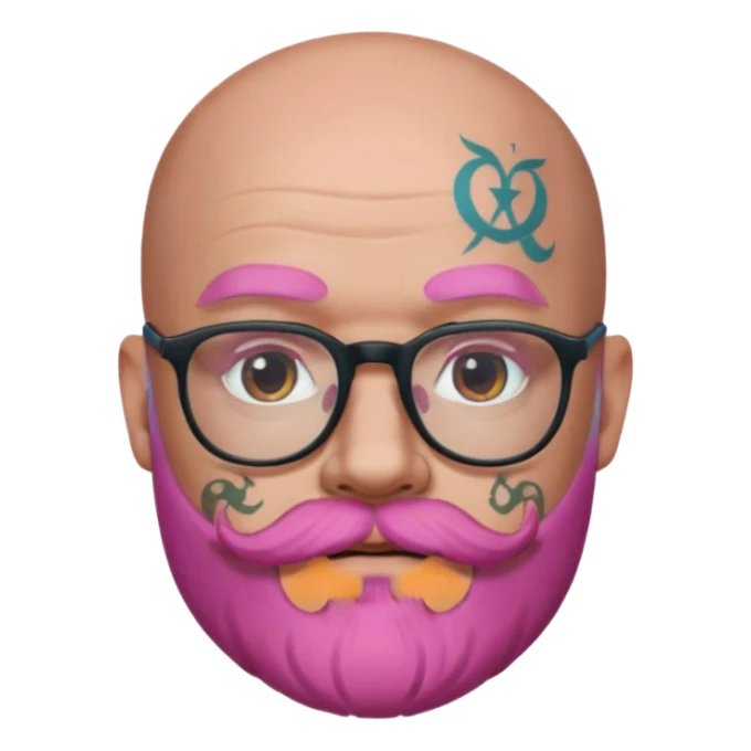 bald man, pink beard, glasses, face tattoos, Apple memoji style sticker