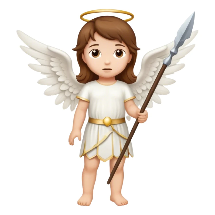 Toddler angel with brown hair and a spear sticker