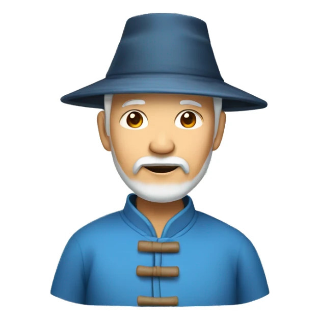 Old Chinese man with traditional Chinese hat with a beard blue shirt sticker