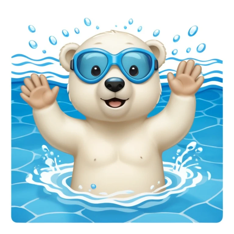 friendly anthropomorphised polar bear swimming freestyle with excited expression, wearing blue swimming goggles, pool tiles and water visible sticker