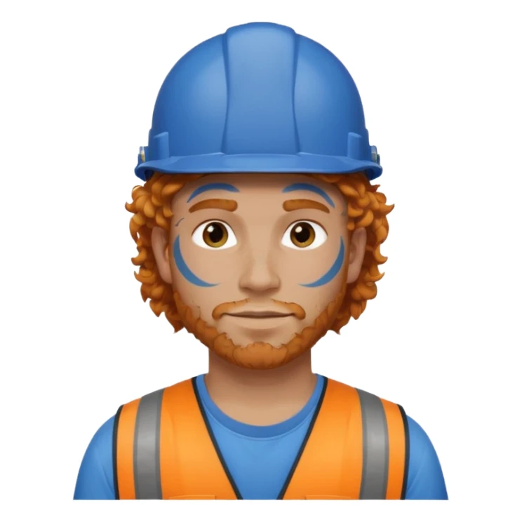 construction worker man ginger curly hair, blue helmet, heavy face tattoo sticker