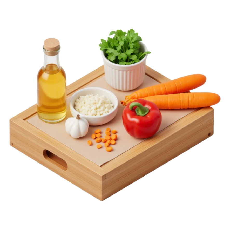 Ingredients on teh wooden cutting board with floating list sticker