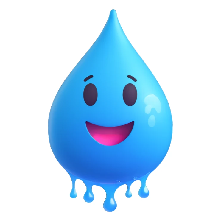 stylized blue sweat droplet with exaggerated splash effects, rendered in 3D emoji style sticker