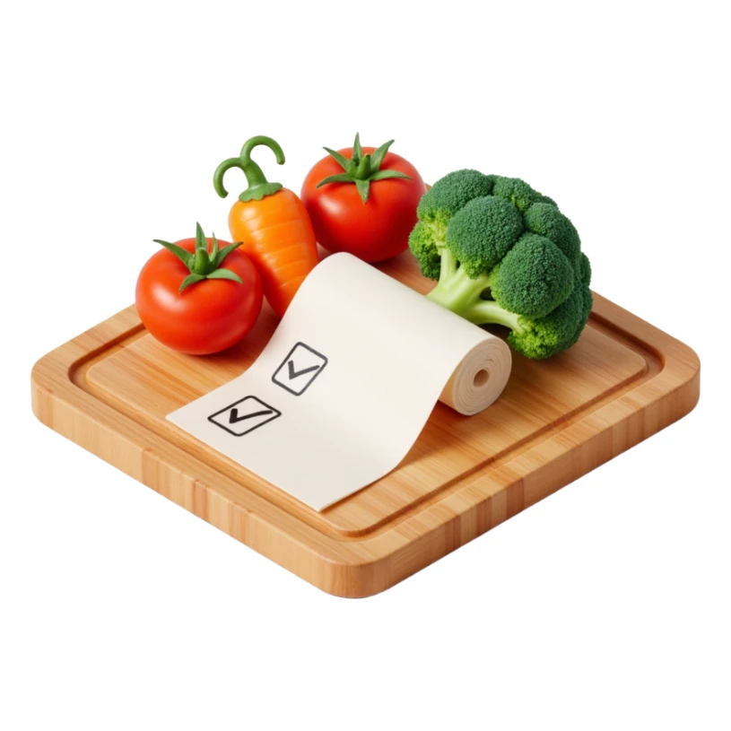 carrot tomato brocoli on the wooden cutting board with floating rolled paper list with checkbox sticker