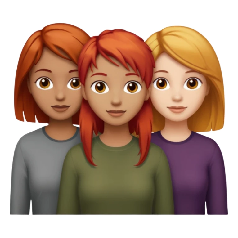 Can you create an image of 3 friends together one with red bright hair light skin one the other with brown hair with some blonde highlights in the hair fair skin the last one with light brown a tint of orange hair and dark brown hair sticker