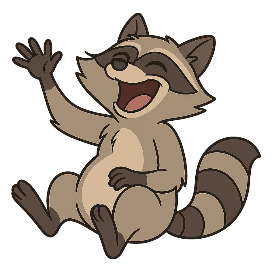 raccoon, sitting, laughing with head thrown back, waving sticker