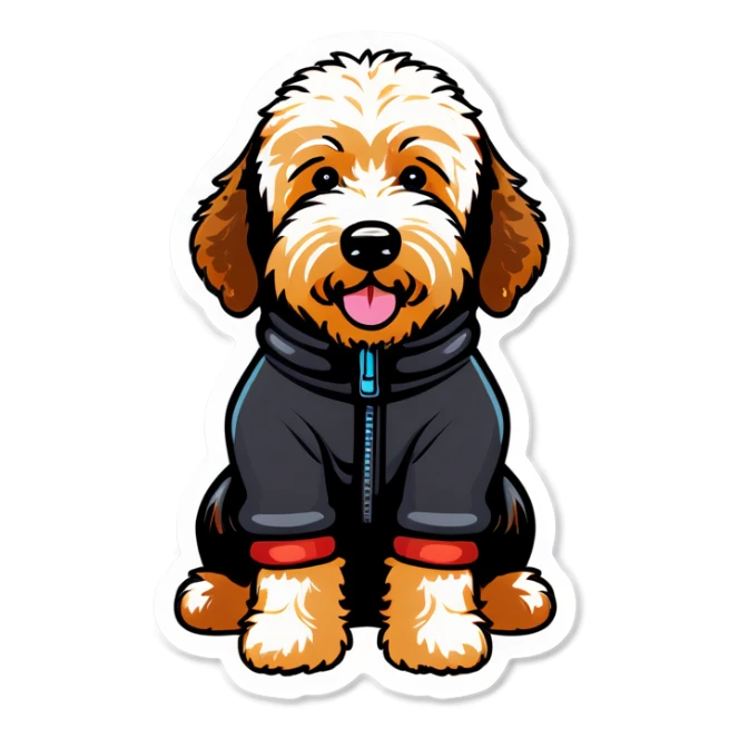 Black Golden doodle wearing snow suit sticker