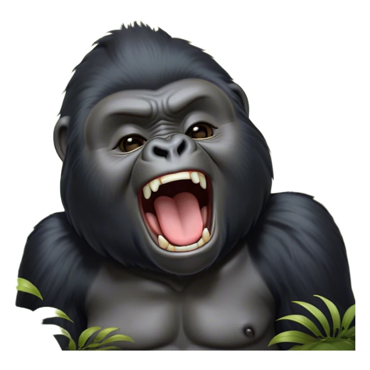 Cinematic Cute Yawning mountain Gorilla Portrait Emoji, Head tilted slightly with a dramatic, wide-open yawn, showcasing a formidable build with a black and greyy mane and drowsy, half-closed eyes, Simplified yet irresistibly adorable features, highly detailed, glowing with a soft, cozy jungle glow, high shine, relaxed yet expressive, stylized with a dash of whimsical primate charm, soft glowing outline, capturing the essence of a drowsy yet affectionate guardian that appears ready to stretch out for a nap! sticker