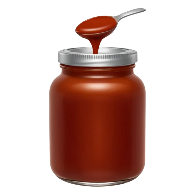 enchilada sauce in glass jar, rich reddish-brown, smooth thick glossy sauce, visible texture, deep earthy red, simple jar, closed or open lid, no label, no spoon, no garnish, no faces, clean 3D, soft shadows, transparent background, emoji scale sticker