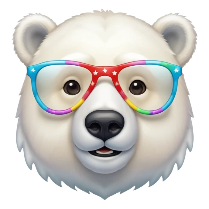 close up headshot of a friendly anthropomorphised polar bear wearing oversized colorful star glasses sticker