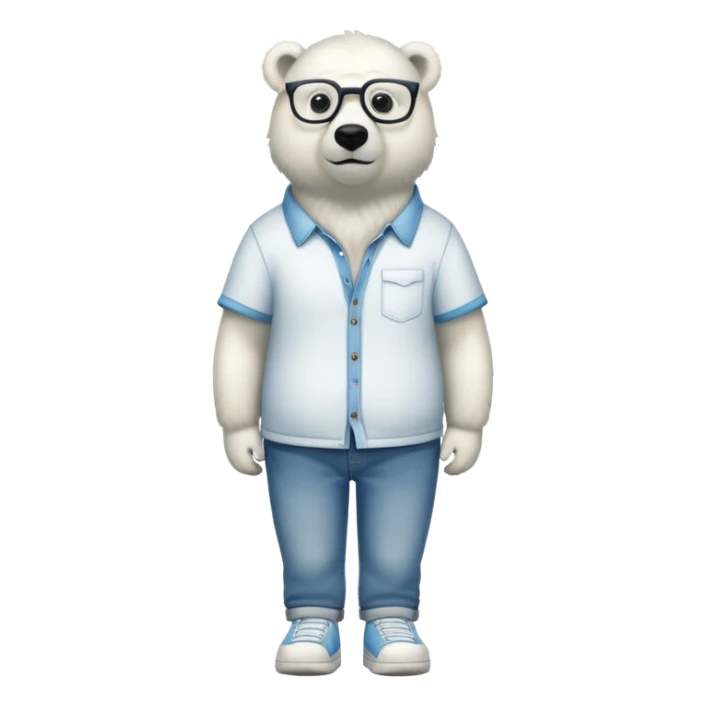 friendly anthropomorphised polar bear standing upright, looking relaxed, wearing a shirt, jeans, trainers, extravagant glasses sticker