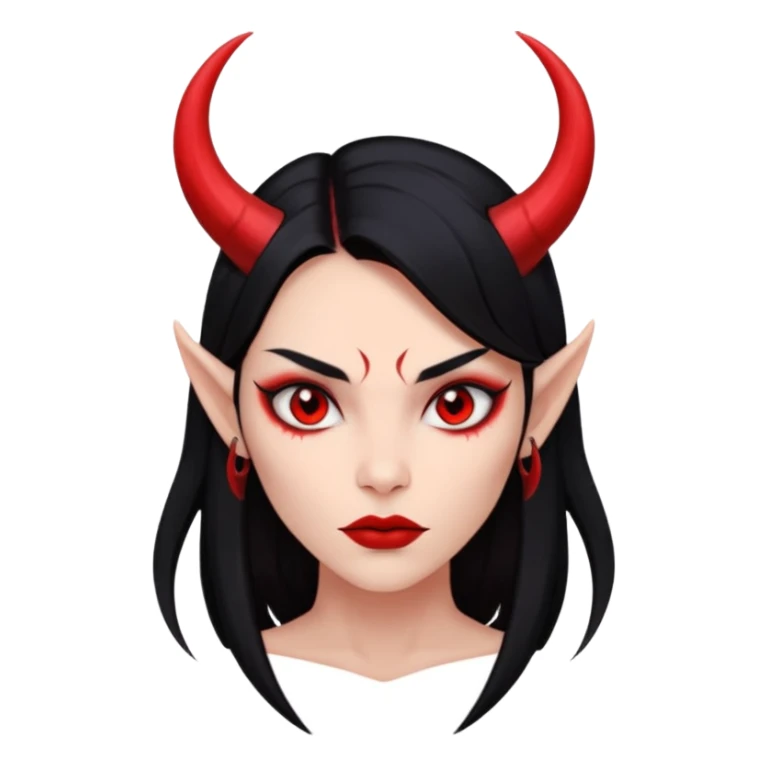 Head only demon girl, strong pronounced cheekbones, sharp angular jawline, skin fully pure red everywhere, long straight sleek black hair, small ho sticker