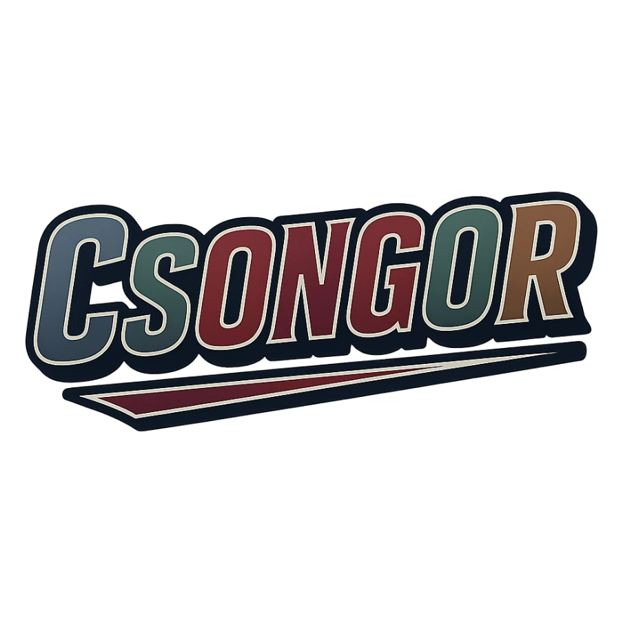 Csongor name in masculine, modern gradient font with dark contour, thin and clearly visible white border around letters, dynamic slanted underline, masculine color shades (blue, gray, burgundy, green, brown), 1000x1000 px, PNG, transparent background, in the style of the uploaded Attila sample. sticker