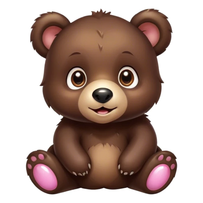 Cinematic Cute bear cub Portrait Emoji, Head tilted playfully and inquisitively, featuring a glossy dark brown fur with a natural sheen and round, sparkling eyes filled with gentle curiosity, Simplified yet irresistibly adorable features, highly detailed, glowing with a warm, friendly glow, high shine, affectionate and mighty, stylized with a touch of woodland whimsy, bright and endearing, soft glowing outline, capturing the essence of a mischievous yet loving bear cub, so playful it feels like it could amble out of the screen and into your arms! sticker