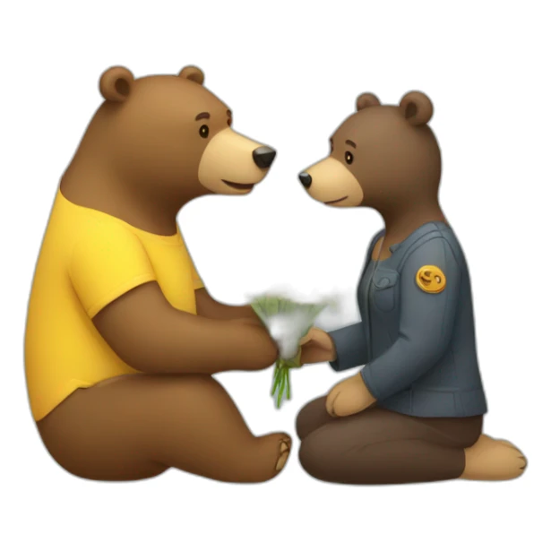 A male bear giving a female bear a yellow flower sticker