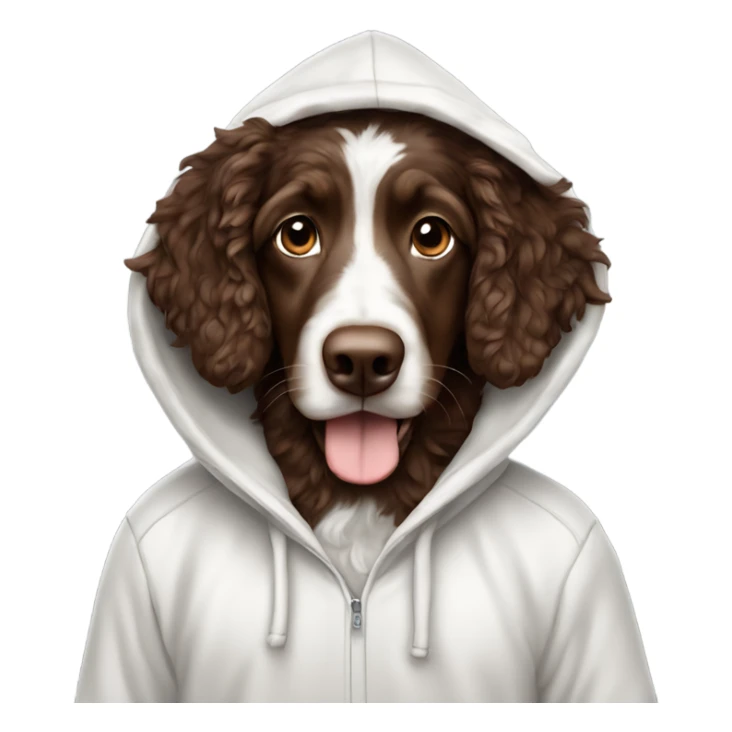 Solid chocolate Aussie doodle in a white hoodie with the hood up sticker